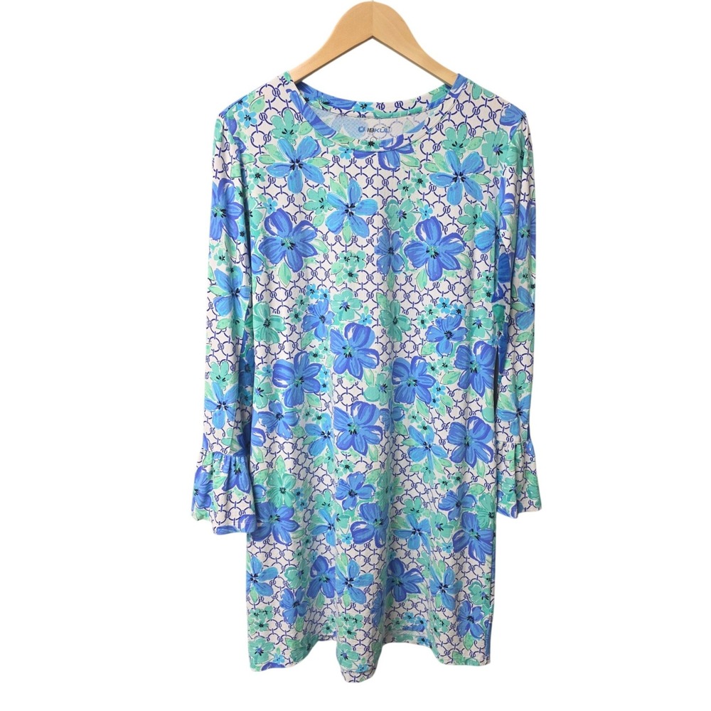 IBKUL Crew Neck Bell Sleeve Midi Dress Womens Large Floral Athleisure Resortwear